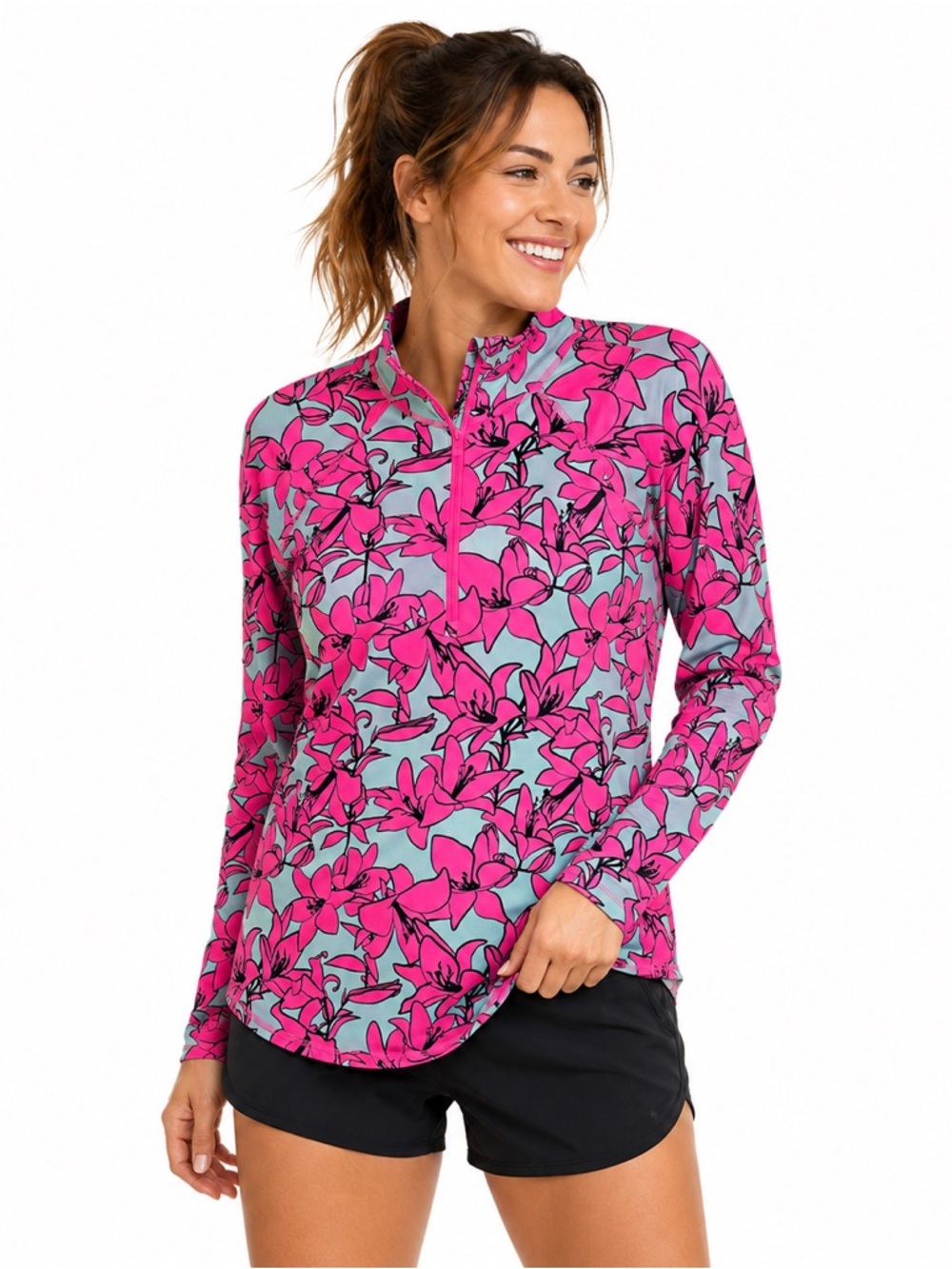 Jofit Floral Half Zip Golf Top Pink Long Sleeve Performance Large